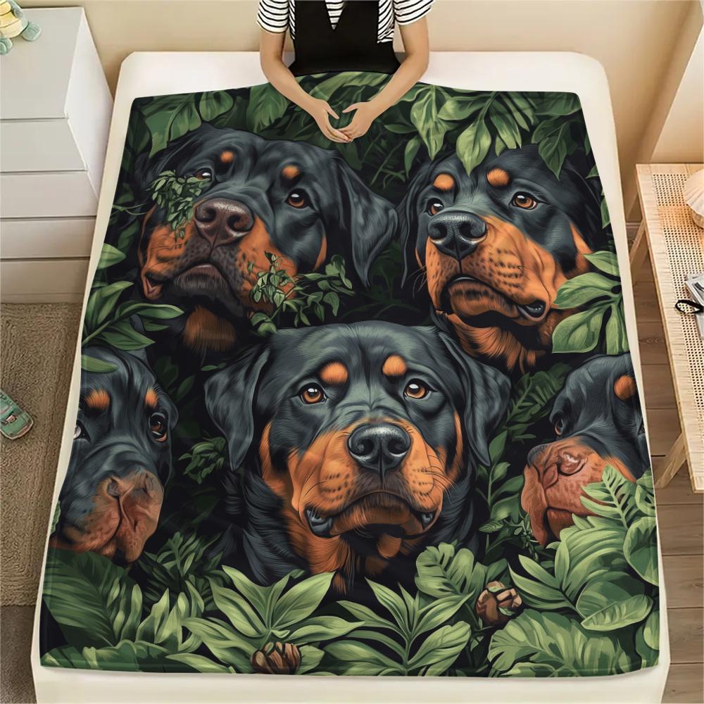 Rottweiler and Leaves,pattern Flannel Blanket, High quality Comfortable for All Seasons, Home Decor, Warmth and Comfort, Perfect for Gifts.
