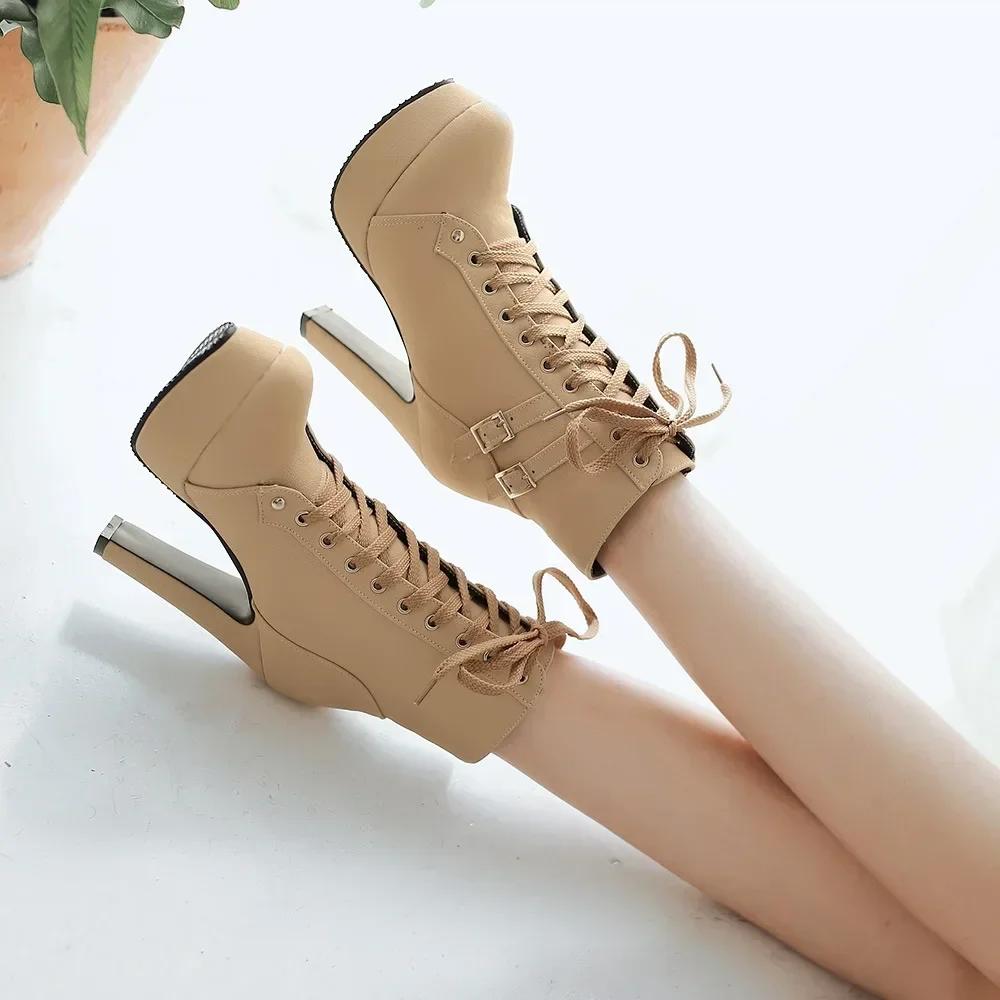 Autumn Women's Pumps Shoes Women's Thick Sole Boots Lace Up Ladies Ankle Boots Comfortable Stiletto Heels