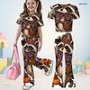 Girls Round Neck Short Sleeve Raven Pumpkin Printed Top Flared Pants Two Piece Set
