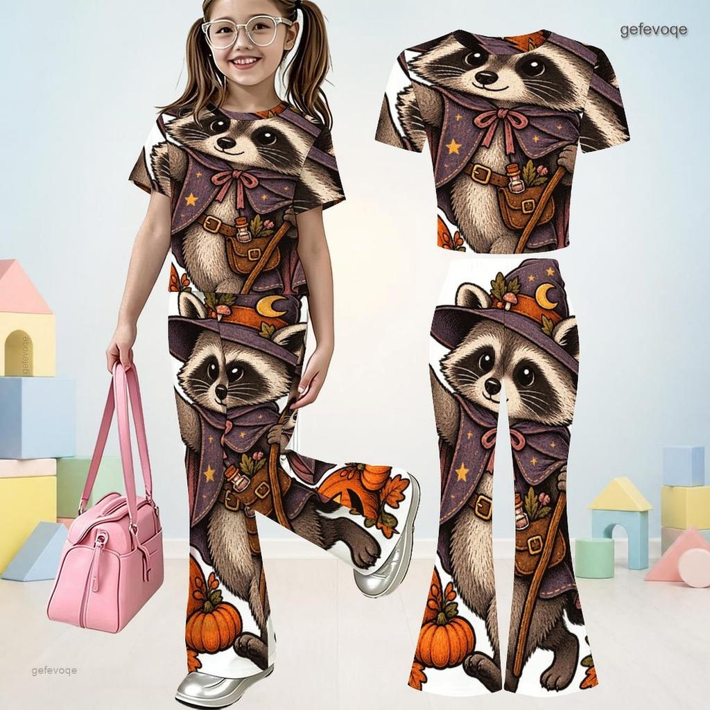 Girls Round Neck Short Sleeve Raven Pumpkin Printed Top Flared Pants Two Piece Set