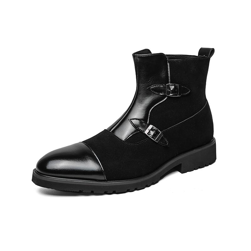 Fashion British New Winter Pointed Toe Men Mid-calf Business Boots Buckle Strap Boots Leather Monk Strap Shoes Street Motorcycle Boots