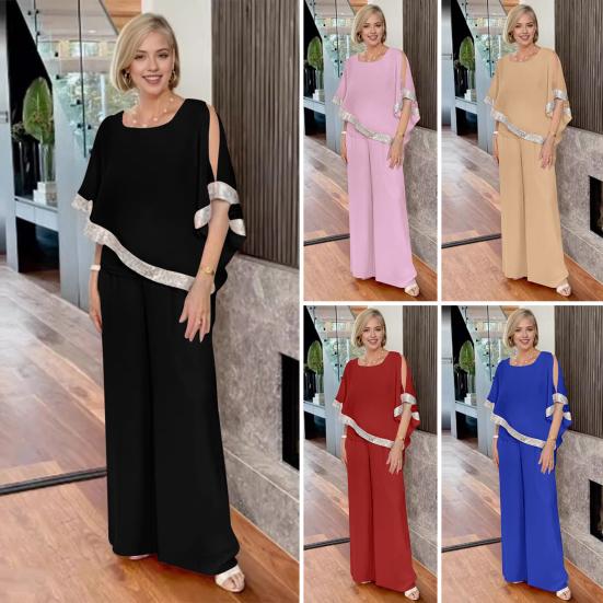 2 Pcs/Set Women Top Pants Set Bat Sleeve O Neck Shiny Sequin Irregular Blouse Elastic