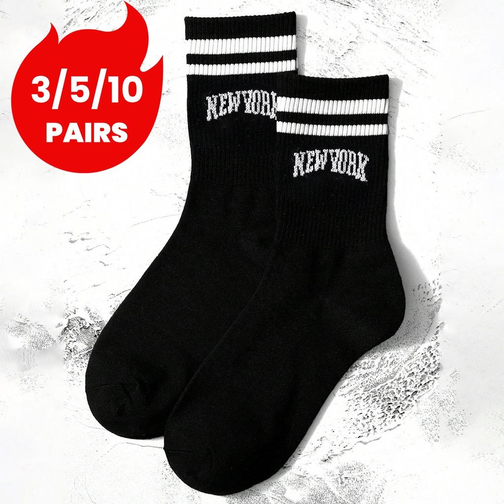 3/5/10 Pairs Women's Crew Socks, Black with "New York" Lettering and Stripes, Comfortable, Breathable, Moisture-Wicking, College