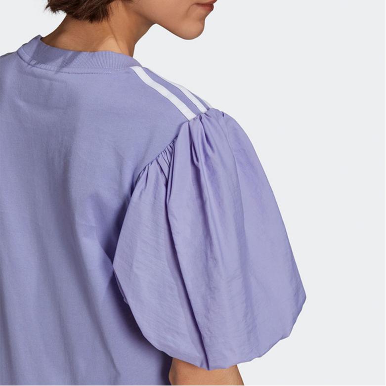 Adidas Оригинальный свитер с тремя полосками и круглым вырезом, напечатанный буквами, повседневная футболка с коротким рукавом и рукавами-фонариками, женские топы, фиолетовый H59037