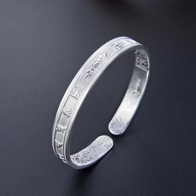 S999 Foot Silver Шесть символов Мантра Браслет для женщин Этнический стиль Ретро Браслет Лотос с открытым серебряным браслетом