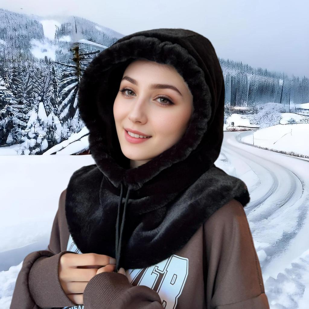 Korean Style Women's Furry Shawl Hat with Integrated Scarf and Ear Protection - Warm Autumn/Winter Plush Accessory