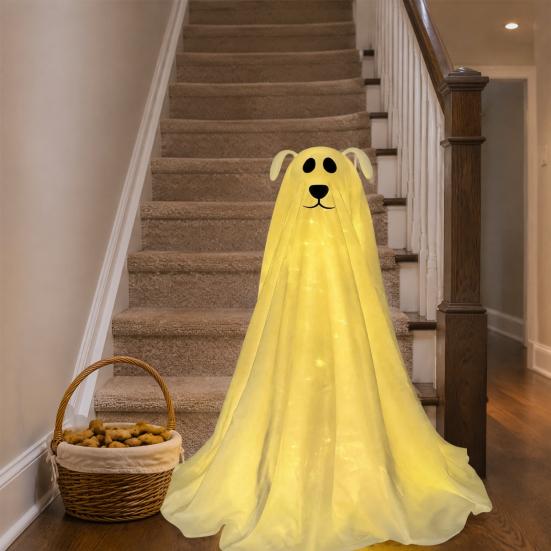 Cute Ghost Dog Figurine Lighted Halloween Decoration, Battery Operated Freestanding Spooky Porch Corner Decor with Remote And String Light for