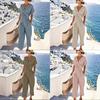 Summer Womens Pure Color Irregular Short Sleeve Suit With Pleated Pants For Casual Wear