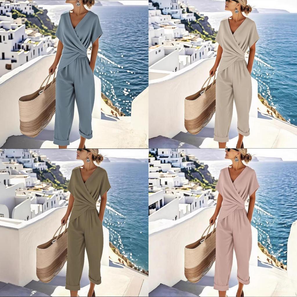 Summer Womens Pure Color Irregular Short Sleeve Suit With Pleated Pants For Casual Wear