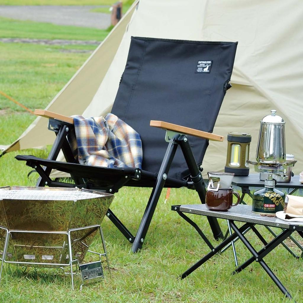 Captain Stag Outdoor Chair Chair Low Chair Low Style Comfort Chair 3 Level Reclining Function Comes with Storage Bag Back Pocket Black CS Black Label
