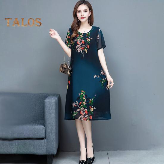 Женское летнее платье среднего возраста с цветочным принтом, круглым вырезом, короткими рукавами, двухслойное платье длиной до колена, больших размеров, свободное женское платье миди для выпускного вечера