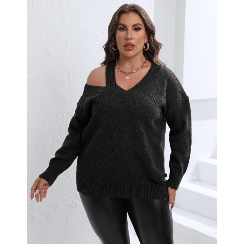 Women's Autumn and Winter Large Size Personality Strapless Woven Jumper V-neck Jumper