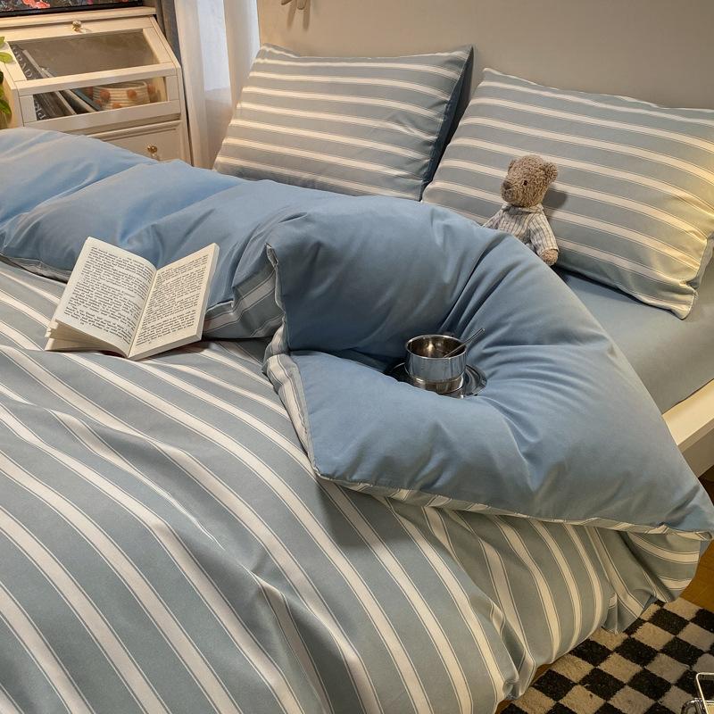 Простыня в клетку из четырех предметов и пододеяльник в японском стиле в скандинавском стиле, набор из трех предметов из стираного хлопка с начесом