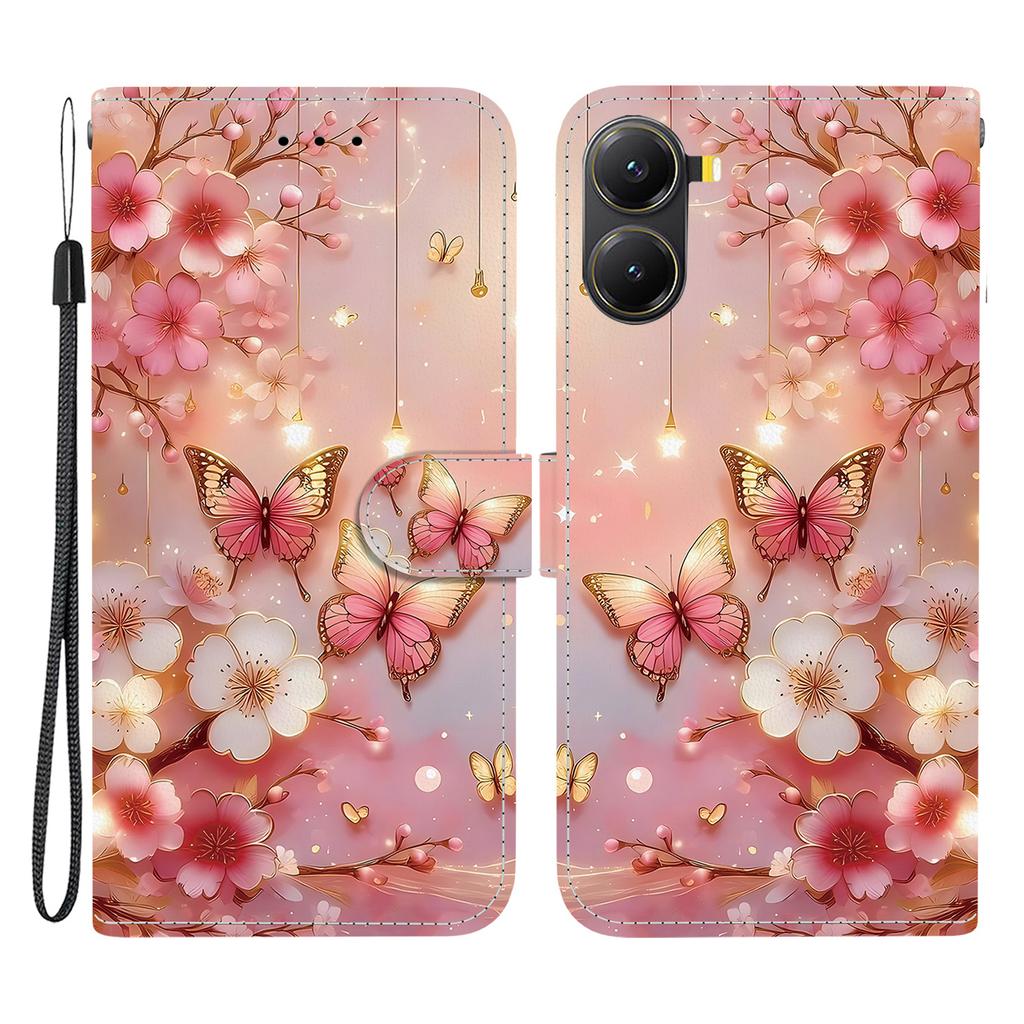 Кожаный чехол-подставка-кошелек с печатью узора для Xiaomi Redmi Turbo 4 5G/Poco X7 Pro 5G с ремешком на запястье