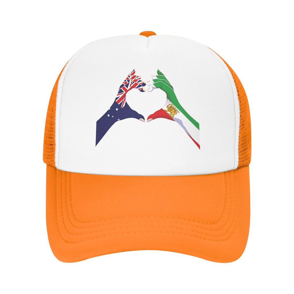 Australian Iranian Unity  Heart Hands with Lion and Sun Baseball Cap  Streetwear Men Mesh Trucker Hat Design Baseball Caps Gift