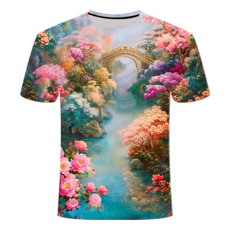 2024 Summer New Men's and Women's 3D Printed Round Neck T-shirt Popular, Stunning Scenery Series