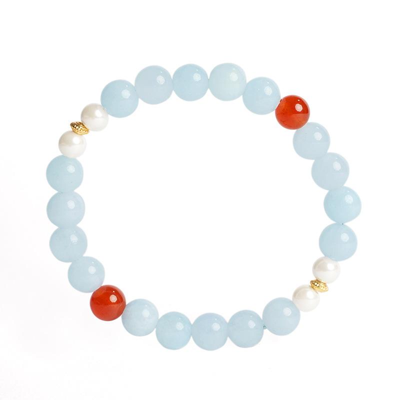 New Palace-Style Natural Aquamarine Beaded Bracelet for Girls, Red Agate, New Chinese Style Original Design, Friendship Bracelet