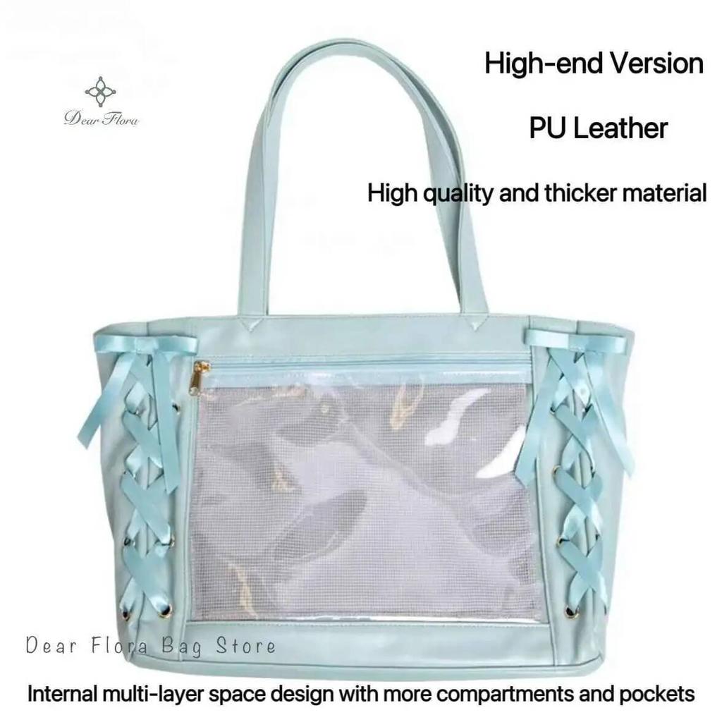 Japanese Sweet Women Ribbon Ita Bag Cute Girl Transparent Handbags Large Capacity Tote Bag Aesthetic Shoulder Bag