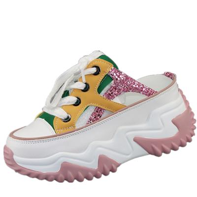 Модные 8см Новые женские кроссовки на массивной платформе, танкетке из блестящей кожи 2024, дышащие шлепанцы, удобная полая летняя обувь