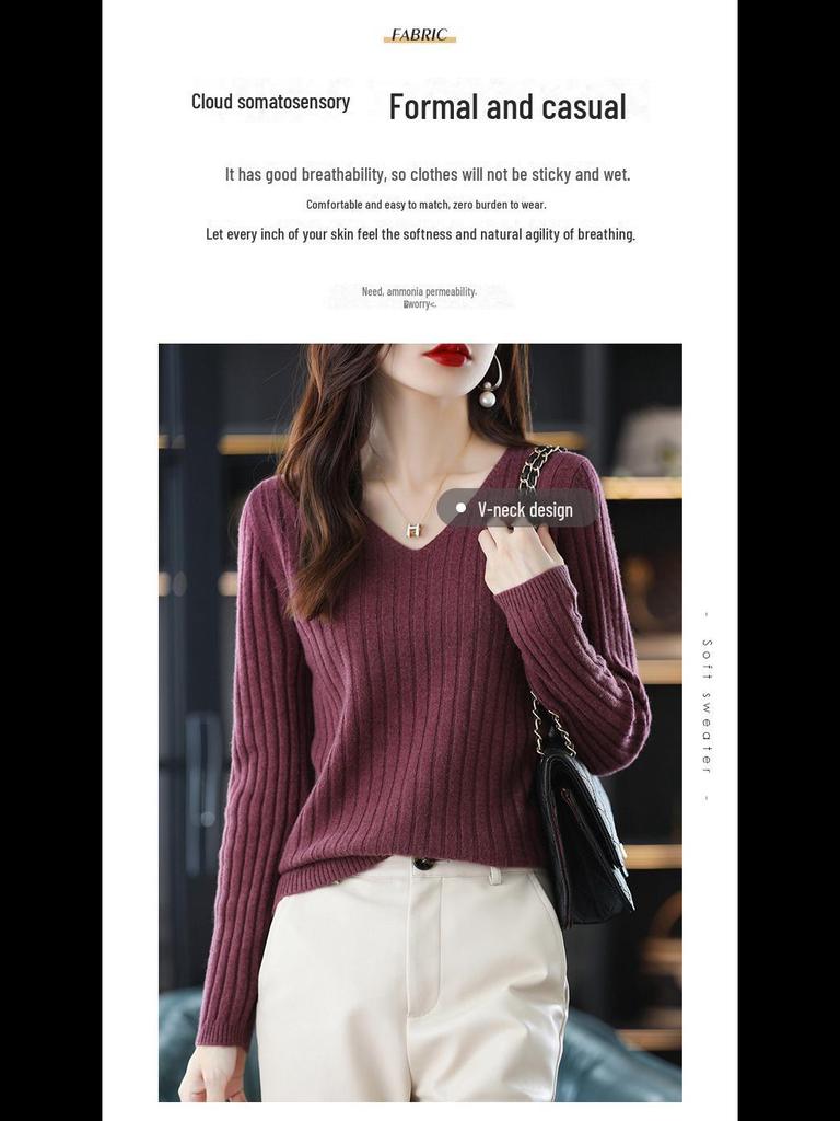 Женский трикотажный свитер с V-образным вырезом и длинными рукавами