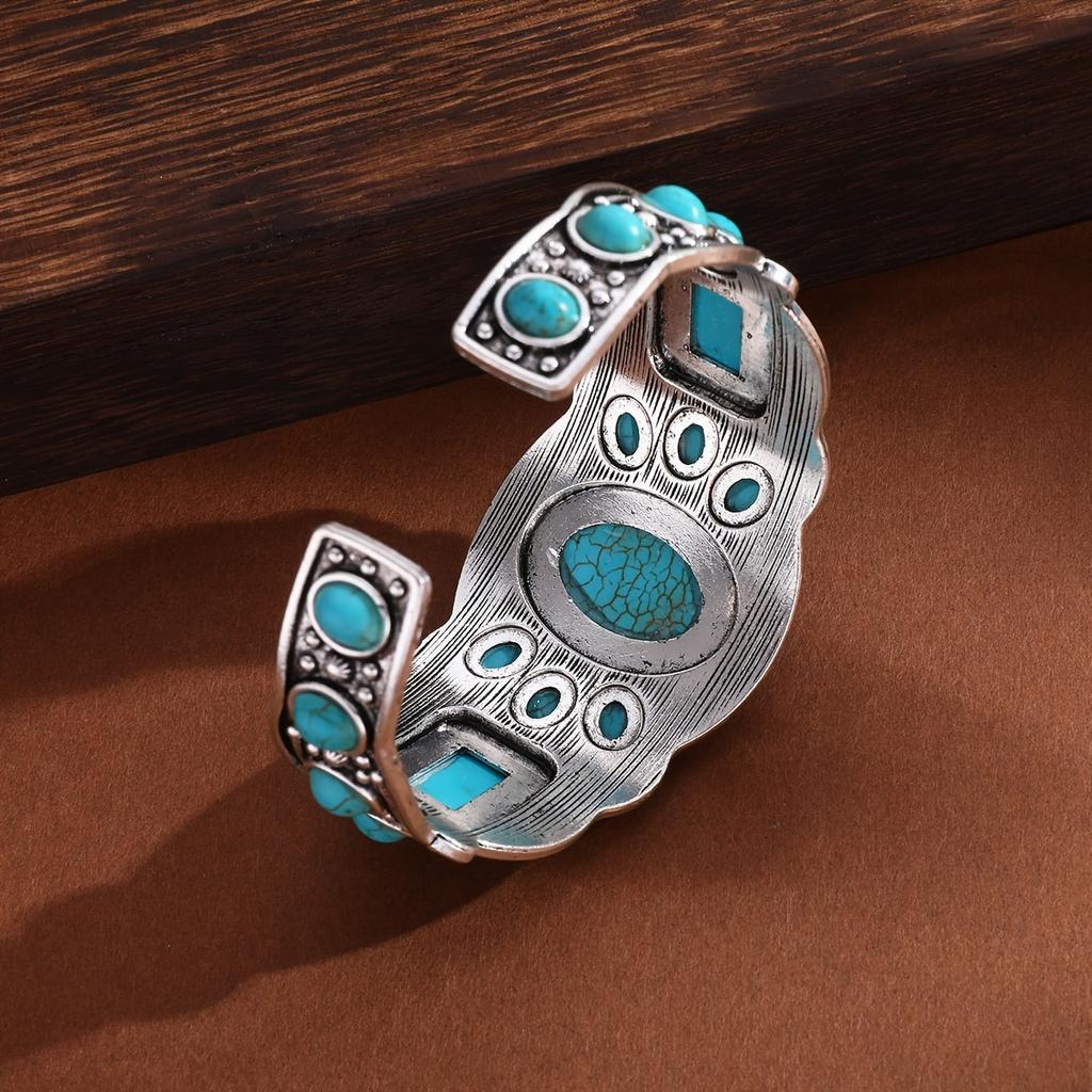 New Retro Bohemian Natural Turquoise Cuff Bracelet Ethnic Style Vacation Casual Travel Accessories For Women Boho Exquisite Accessories