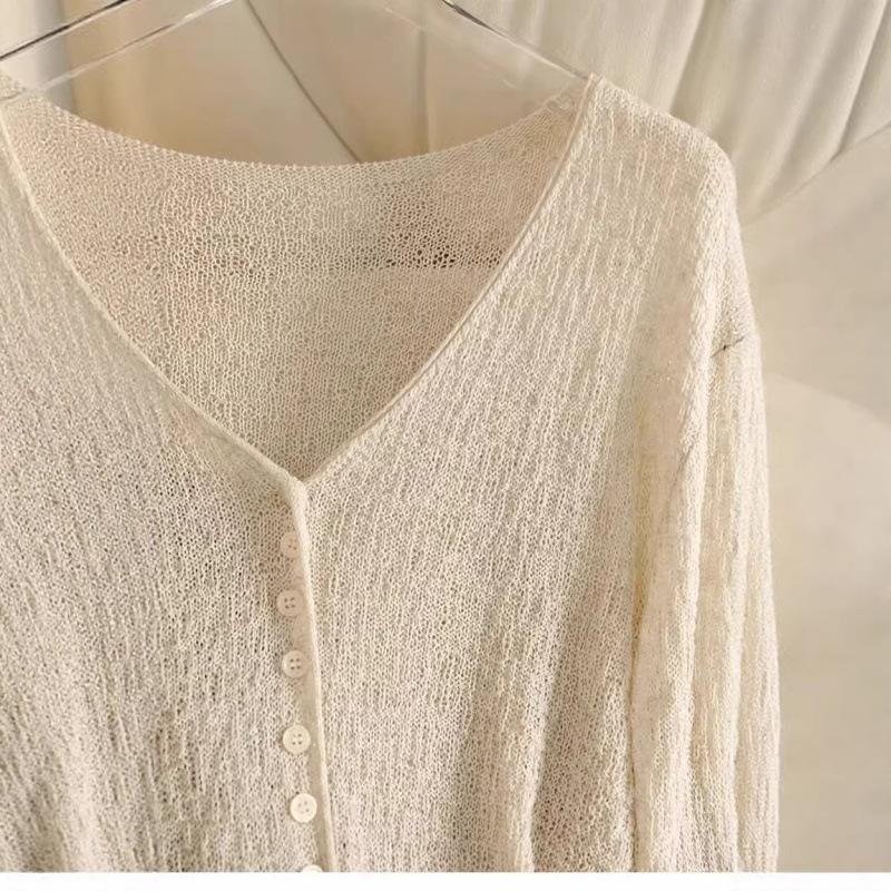 Thin Sweater Coats Women Clothing Hollow Out Long Sleeve Summer Solid Color Sueter V-neck Casual Knitted Cardigan Jackets