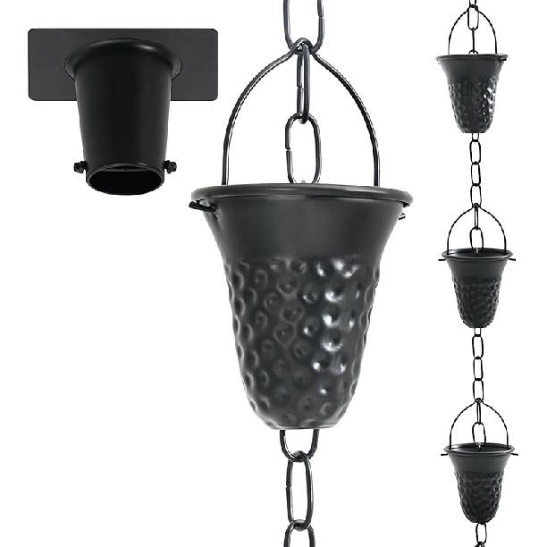 Rain Chains for Gutters with Gutter Adapter, Aluminum Hammered Long Cup Gutter Chain Downspout, 8-1/2 Feet Length Replacement Rain Chain Gutters,
