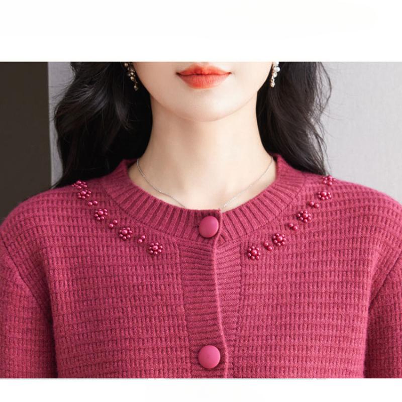 Autumn and Winter Fashion Women's Sweater Knitted Cardigan Round Neck Pearl Sweater Coat Thickened