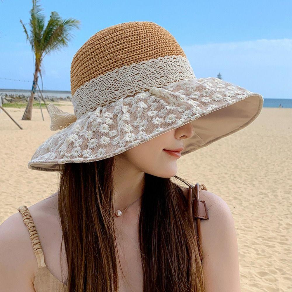 Lace Ribbon Bow Straw Bucket Hat UV Protection Beach Hat Straw Sun Hat Outdoor Beach Travel