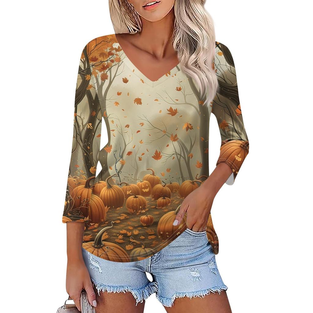 Shirt For Women's Fashion Casual V Neck 3/4 Sleeve Loose Halloween Printed T-Shirt Ladies Top