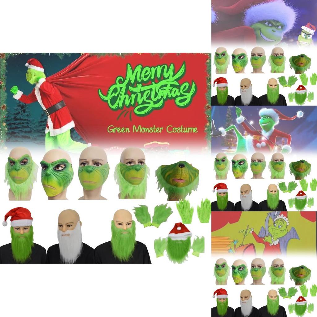Маска Гринча на пол-лица с зелеными волосами и причудливым дизайном для рождественских празднований