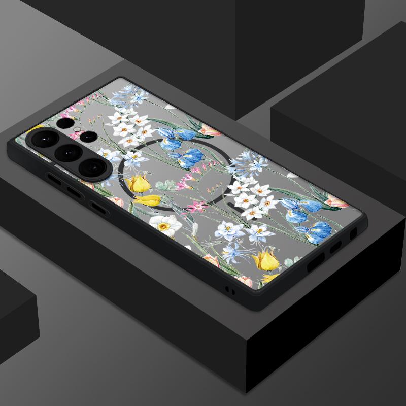 Matte Magnetic Case For Samsung Galaxy S25 S24 S23 Ultra S22 Plus S24 S21 S20 FE For Magsafe Retro Flowers Clear Hard PC Cover