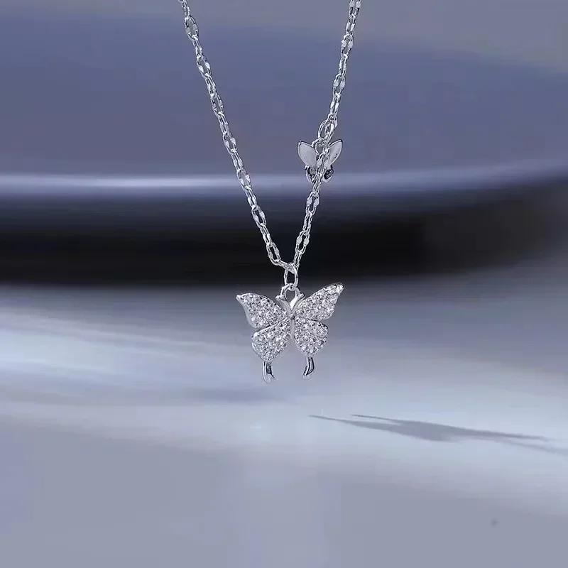 925 Sterling Silver Butterfly Necklace Women Crystal Zircon Pendant Necklace for Women Girl Crystal Chain Necklace Party Jewelry