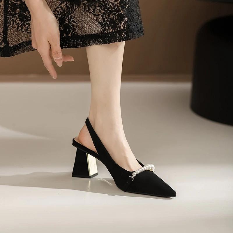 Французские туфли-чеонгсамы на высоком каблуке для женщин, летние новые черные босоножки Baotou на толстом каблуке, заостренные одинарные туфли
