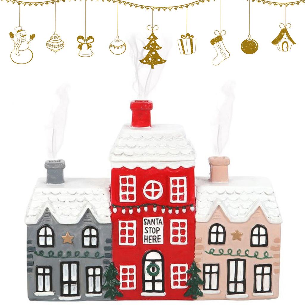 Resin Christmas Village House Winter Log Cabin Incense Burner Rustic Christmas Chimney Hut Incense Cones Room Decor
