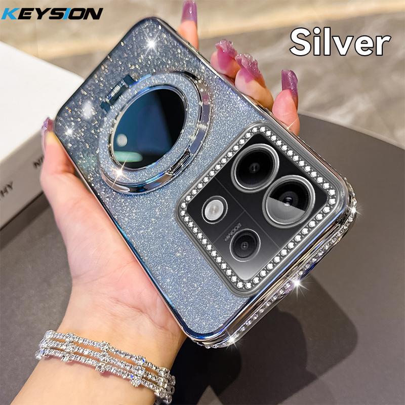 KEYSION Glitter Jewelled Magnetic Phone Case for Redmi Note 13 4G 13 Pro+5G Mirror Stand Shockproof Cover for Xiaomi POCO X6 M6 Pro