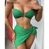 Sexy With Sarong Bandeau Mid Waist Bikini Female Swimsuit Women Swimwear Three-pieces Bikini Set Bather Bathing Suit Swim