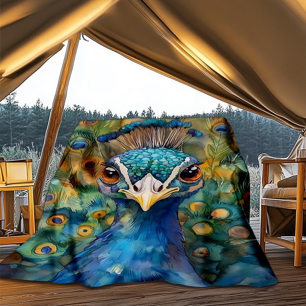 1pc Peacock Feather Throw Blanket Polyester Fiber, Lightweight Flannel, Soft & Warm, All Season Use for Outdoor, Camping Digital Print