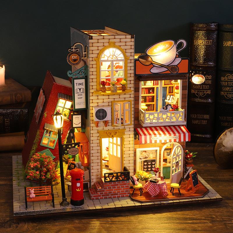 DIY Wooden Book Nook Shelf Insert Kit Chinese Street View Bookends Miniature Building Kits Bookshelf Doll Houses Friends Gifts