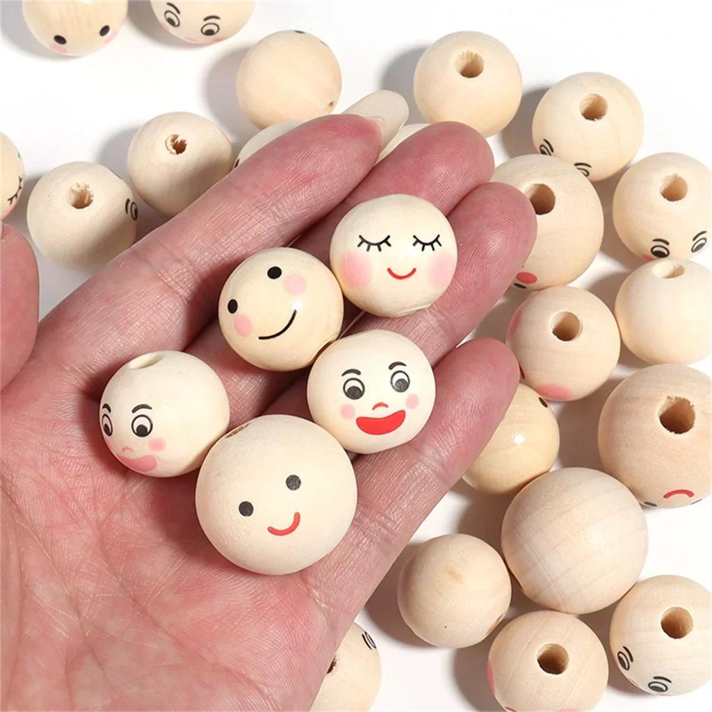 CH02 20 шт. Милые Выражения Забавный DIY Браслет-Шарм из Бусин Ручной Работы Круглые Бусины Деревянные Поделки Бусины для Украшений Аксессуары Материал