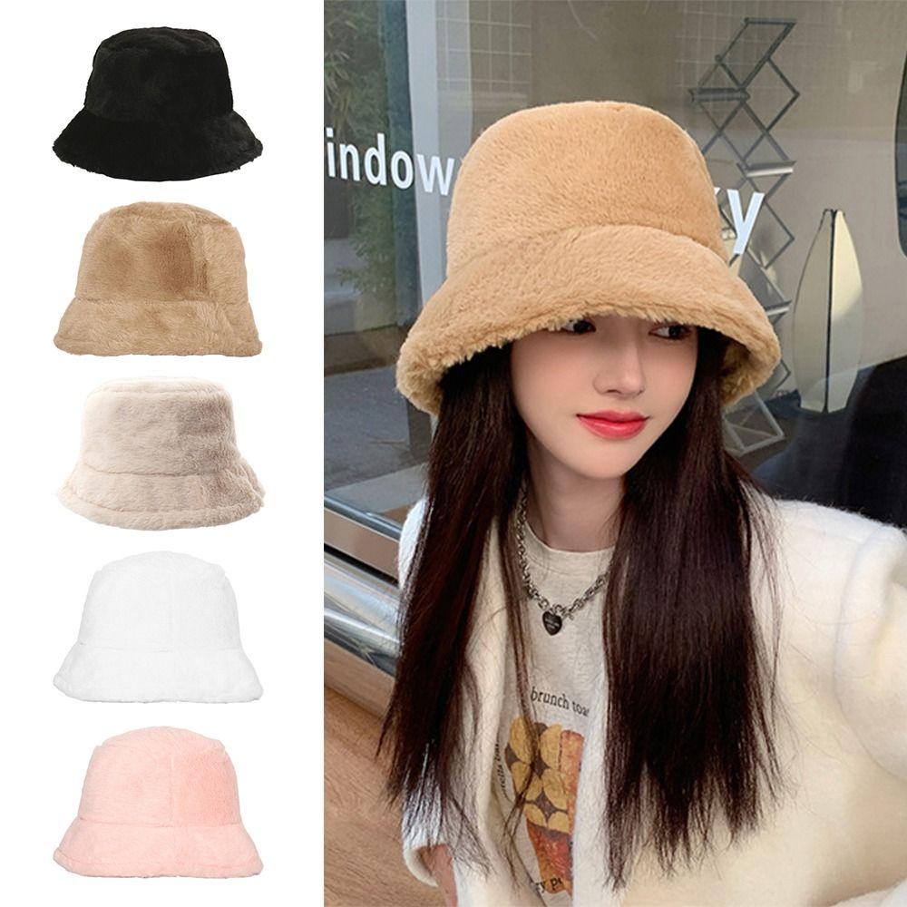 Faux Fur Bucket Hat Soft Flat Top Cap Gift Fisherman's Cap Women Lady
