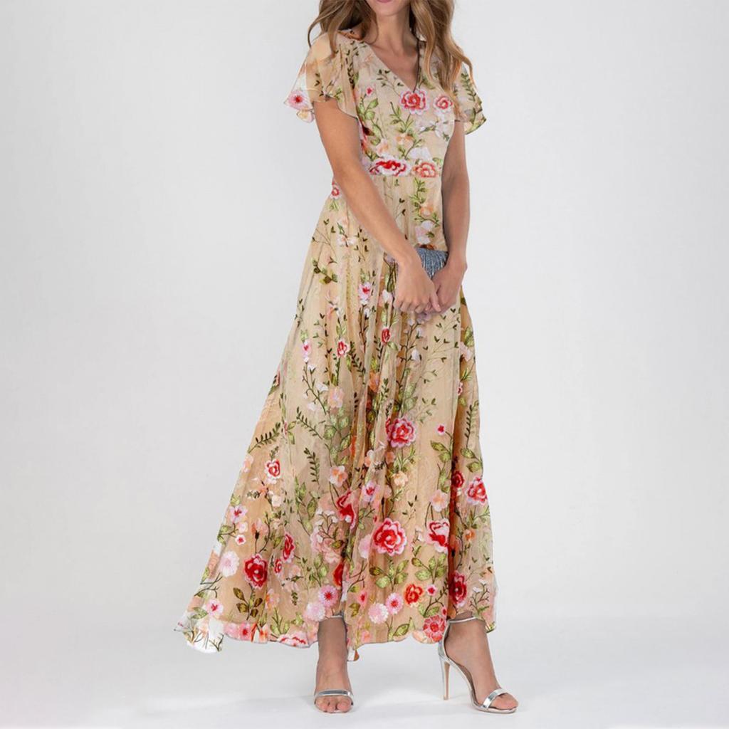 Женские летние платья Повседневные платья макси с короткими рукавами Милые макси-платья с цветочным принтом Платья для гостей свадьбы Шифоновые струящиеся платья