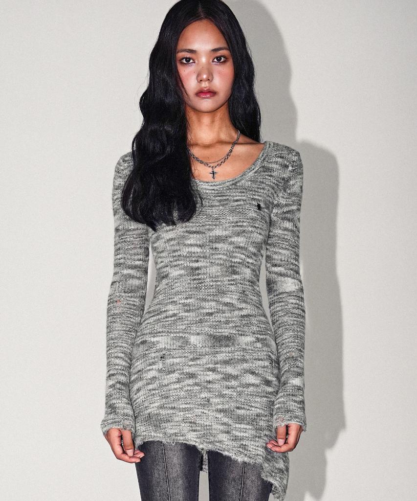 AVANDRESS Multi Damage Scoop Long Knit_2Colors