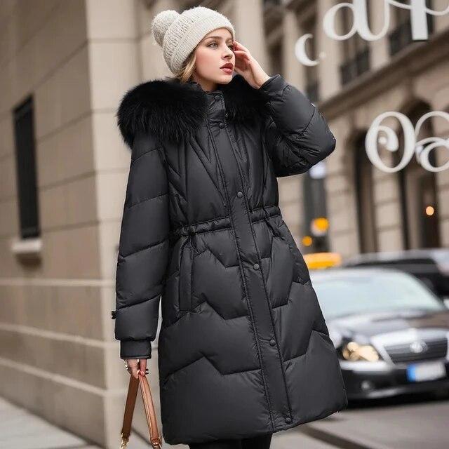 Fashion Solid Long Parkas Hooded Drawstring Loose Casual Winter Jackets Women Hooded Fur Collar Down Cotton Outwear