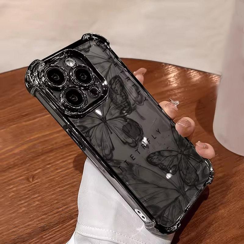 Черный красивый чехол с бабочкой для iPhone 16 15 14 13 12 11 Pro Max X XR XSMax 7 8 Plus с защитой от падения и подушкой безопасности
