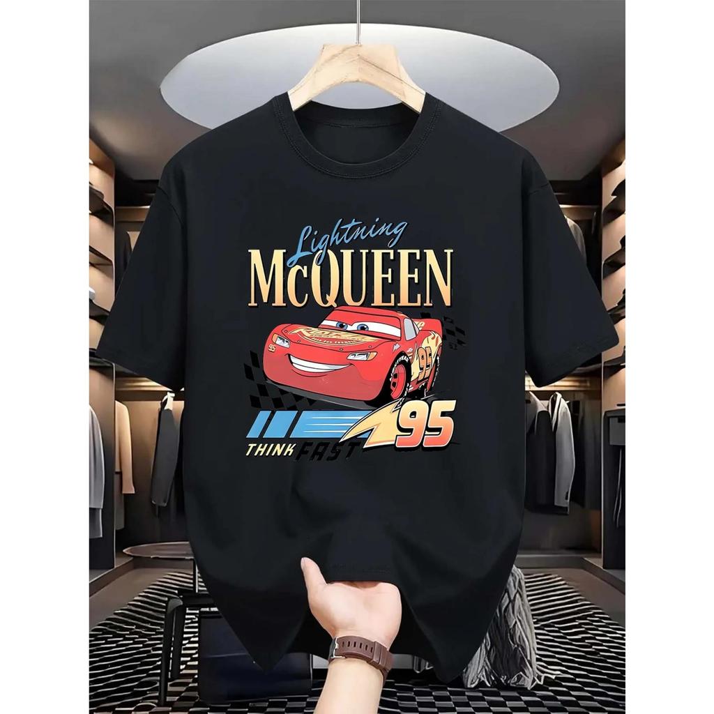 Мужская футболка Disney Car Flash McQueen, повседневная и удобная футболка из чистого хлопка с коротким рукавом для уличной одежды