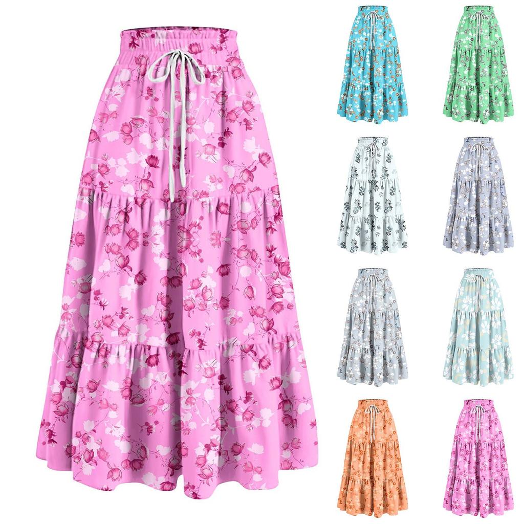 Women's Ruffled Spring Casual Long Skirt Plain Color Skirt Retro Pleated Skirt