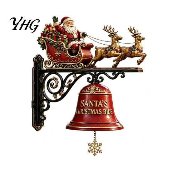 Reindeer Sleigh Holiday Decor Christmas Bell Wall Hanging Decoration, Santa Ornament, Large Decorative Claus for Porch Door Fireplace Xmas Home