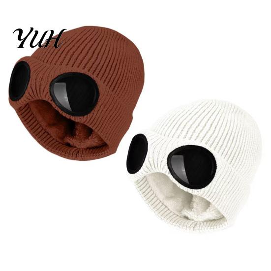 Functional Headgear for Skiing And Sledding 2Pcs Fleece Lined Hats with Goggles, Warm Winter Knit Wind Resistant Fishing Hat Visor Hats, Windproof