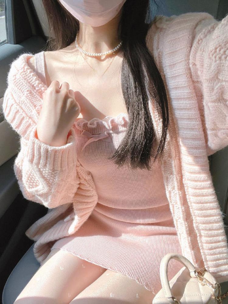 Pink French Vintage Two Piece Set Women Warm Japanese Sweet Knitted Dress Suit Female Elegant Bow Korean Fashion Ruched Set 2024